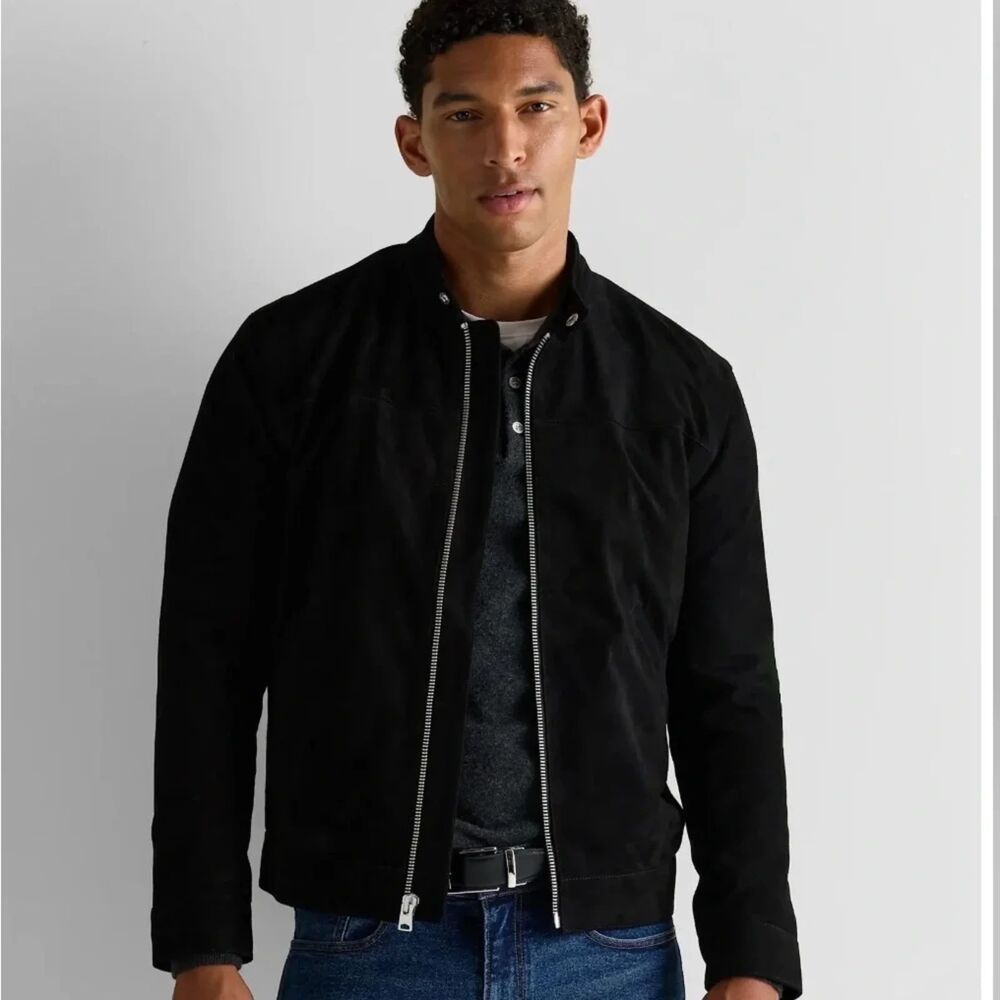 Quince Black Men's Suede Bomber Full Zip Jacket XL